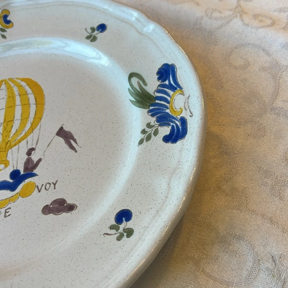 Vintage French hot air balloon plate , hand painted in France